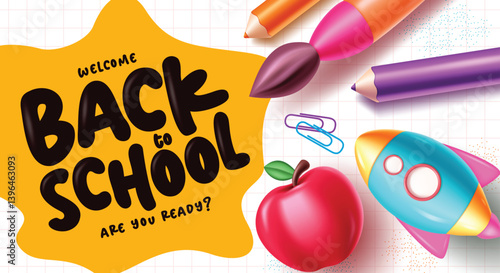 Back to school greeting text clipart banner. School welcome greeting banner clip art in grid abstract background collection with colorful educational elements and supplies vector illustration. 