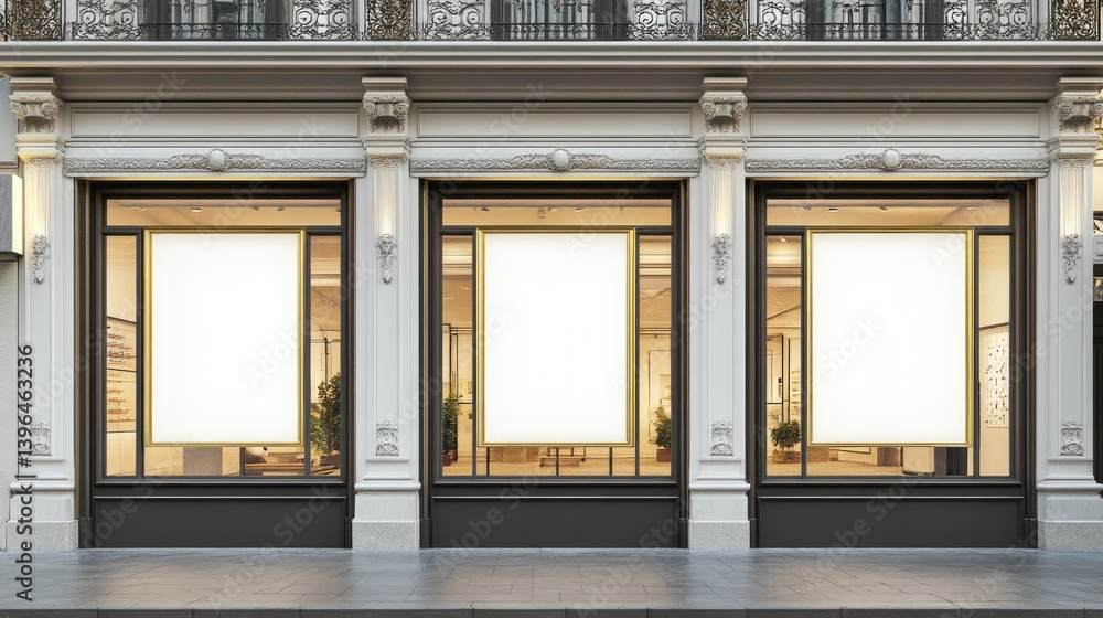 Obraz premium Blank rectangular signage on clean facade of boutique-style shop with decorative tiles