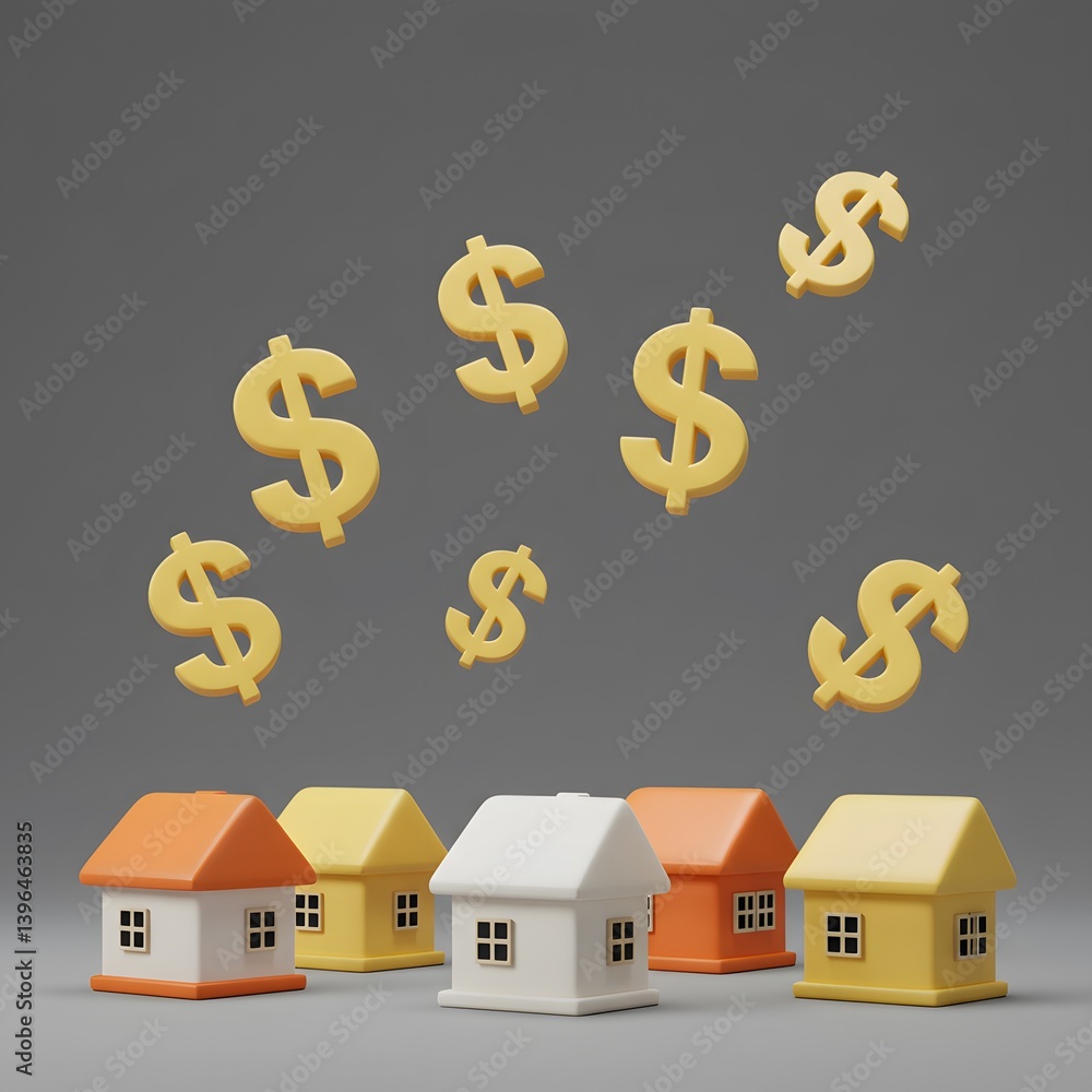 mortgage rates, and investment opportunities influence the property sector and financial planning, House figures and dollar symbols. Buying and selling real estate. Rent. Market trends, housing prices
