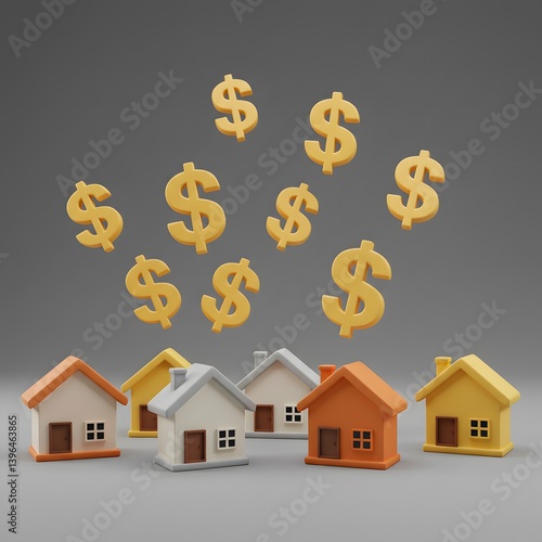Obraz na płótnie mortgage rates, and investment opportunities influence the property sector and financial planning, House figures and dollar symbols. Buying and selling real estate. Rent. Market trends, housing prices w salonie