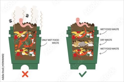 Composting guide illustration showing incorrect method only wet food waste, left versus correct layering of wet and dry waste right for healthy compost. Great for eco education and sustainability tips