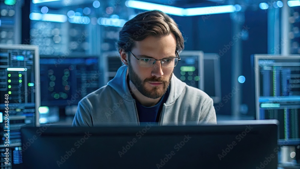 A focused individual works on a computer surrounded by screens displaying data and analytics. A focused individual works on a computer surrounded by screens displaying data and analytics.