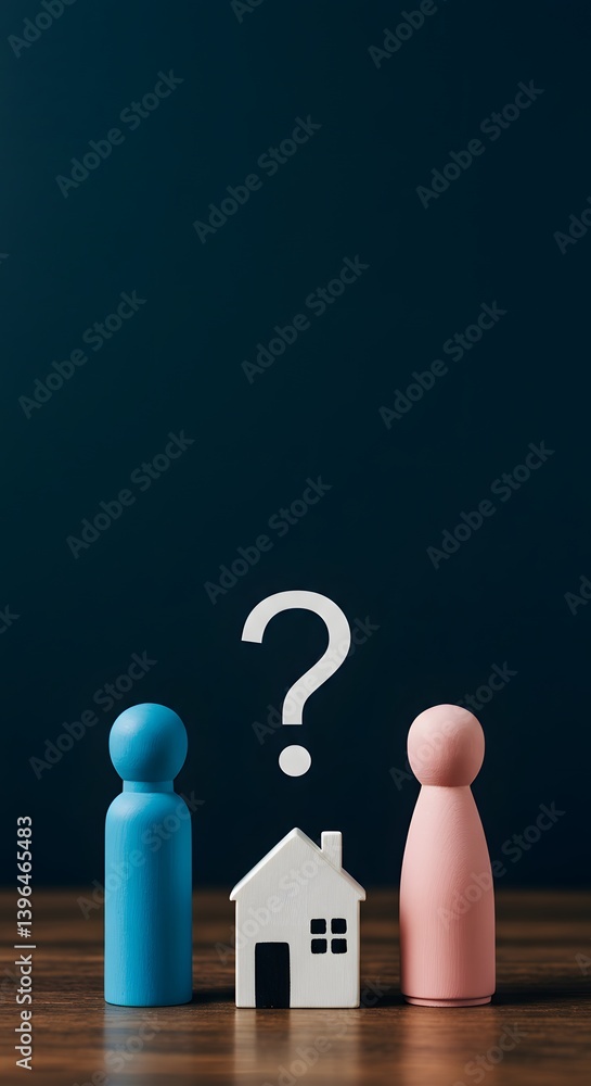 Property acquired separately before marriage.wooden figurines, Shared housing.Purchase or rent. Division of property in divorce, blue and pink figures, Housing issues for couples and young families.