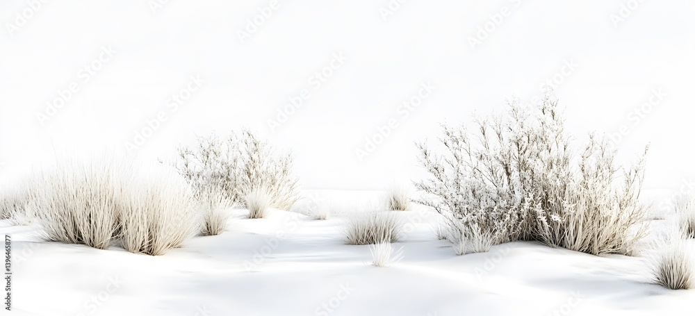 Obraz premium 3D rendering of a white desert landscape, with dry grasses and small bushes growing on the ground, against a pure white background