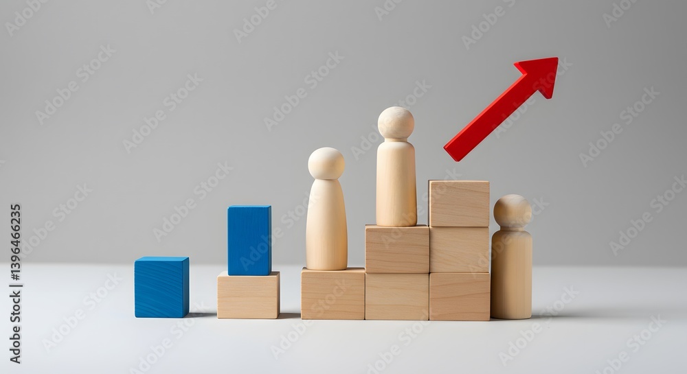 Strategic cooperation. Synergy and trust, Wooden figurines, abstract shapes, red and blue colors,Achieve success by working as a team. leadership and mutual support. Effective communication