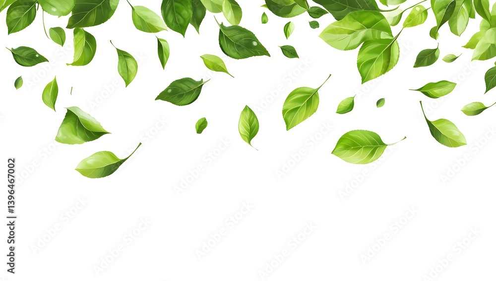 A simple illustration of flying green leaves on a white background, with a simple design in a cute style using simple shapes. A simple illustration of flying green leaves on a white background, with a simple design in a cute style using simple shapes.