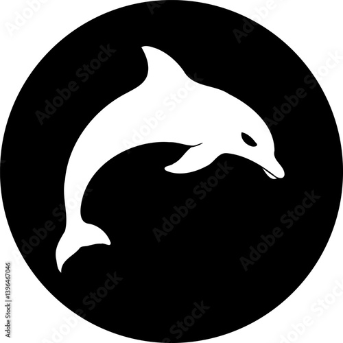 Sleek monochrome dolphin illustration within a circular emblem, aquatic design