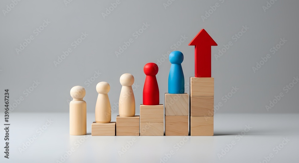 Strategic cooperation. Synergy and trust, Wooden figurines, abstract shapes, red and blue colors,Achieve success by working as a team. leadership and mutual support. Effective communication