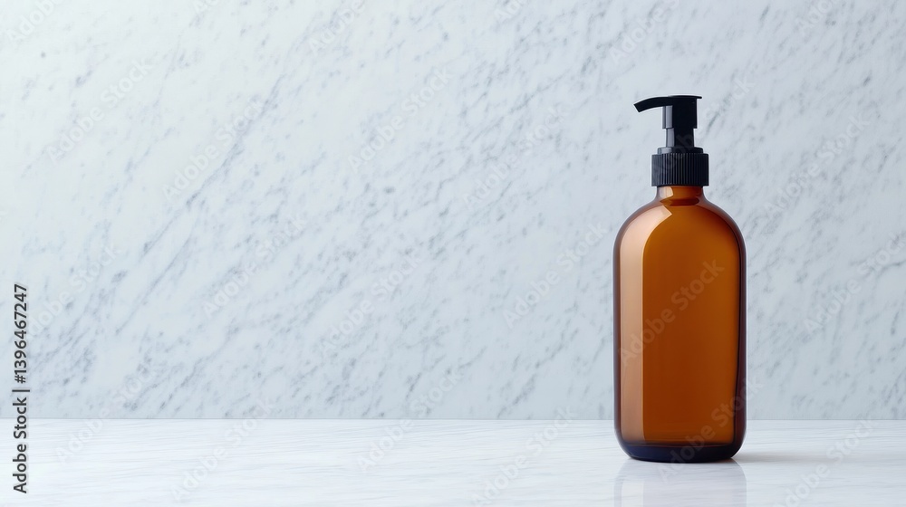Obraz premium Amber glass bottle with pump on marble countertop, minimalist design with soft lighting