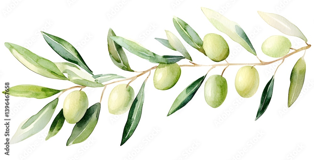 Naklejka premium A simple clip art illustration of an olive branch with green olives, white background, soft watercolor, pastel color palette, spring vibes,