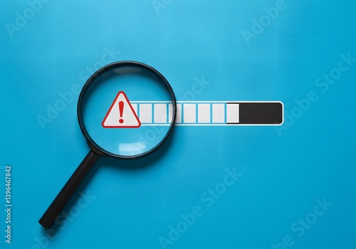 Obraz na płótnie Identifying malfunctions, stopping critical problems in processes. Magnifying glass with warning sign on progress bar, Find problem stop or malfunction. Detecting issues, troubleshooting errors. w salonie