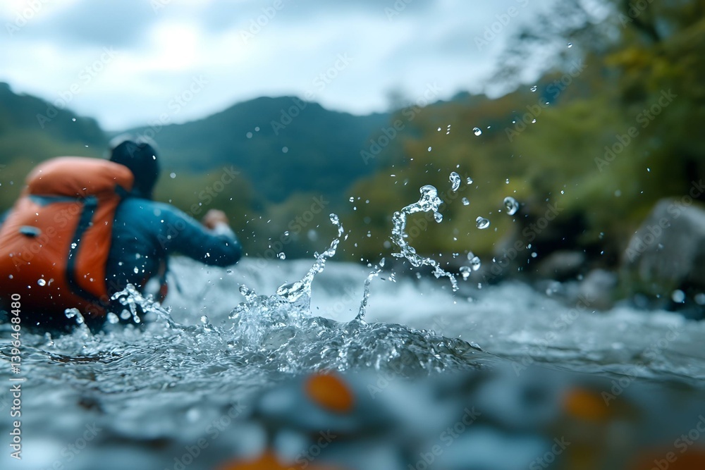 Fototapeta premium Backpacker River Crossing Cinematic Shot