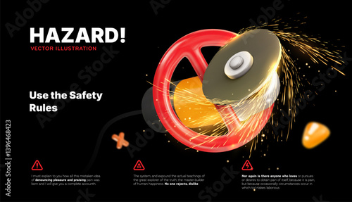 Cutting Tool In Use Without Protective Cover Showing Danger. Unsafe Angle Grinder Without Safety Guard Producing Sparks, Highlighting Serious Workplace Hazard, Tool Misuse. Vector Illustration.