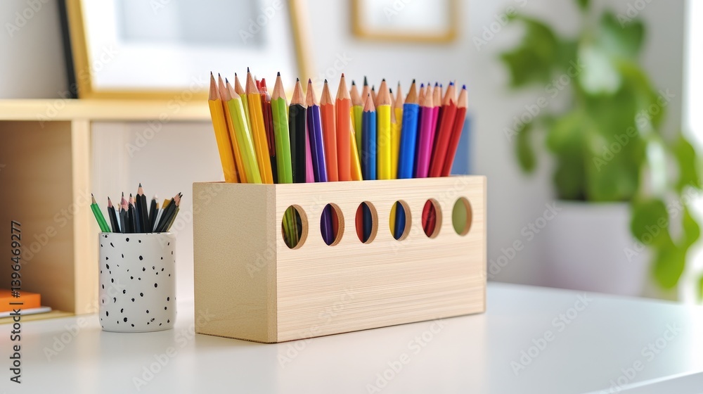 Fototapeta premium Creative office space with sketchbooks, highlighters, and desk organizer on white table