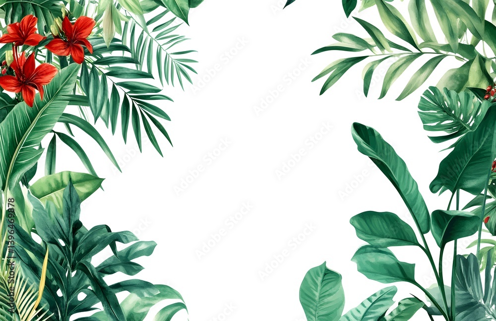 A tropical plant frame border with a white background, a simple design, and high resolution.