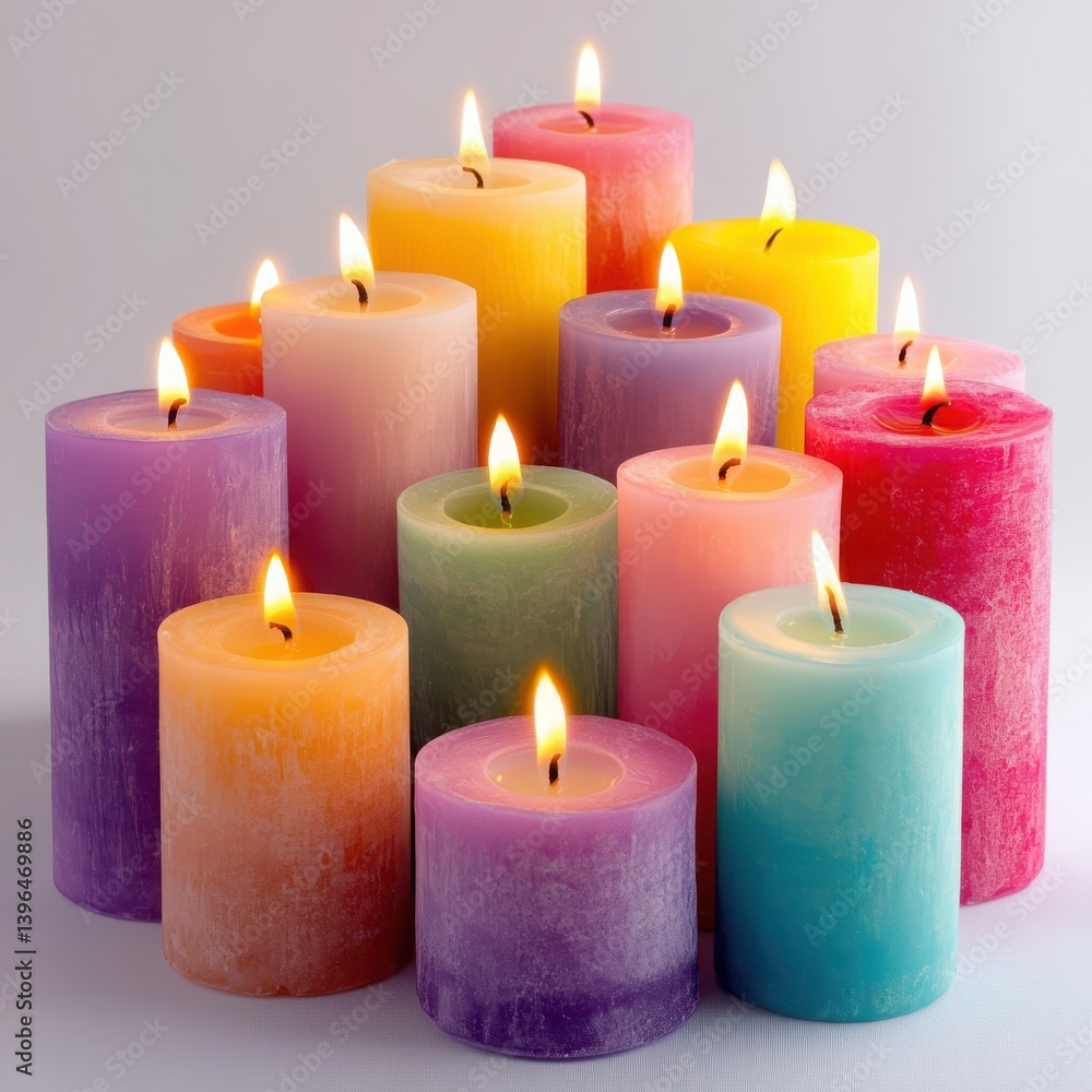 Collection of lit colorful wax candles arranged in a group setting Collection of lit colorful wax candles arranged in a group setting