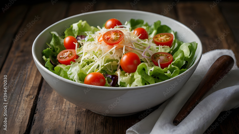 fresh green salad with tomatoes and cucumbers in bowl with closeup fresh green salad with tomatoes and cucumbers in bowl with closeup