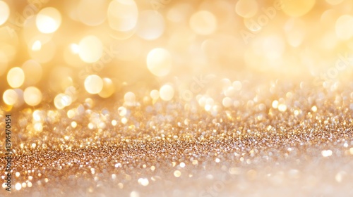 A sparkling gold glitter background with bokeh effects, perfect for festive designs and elegant themes.
