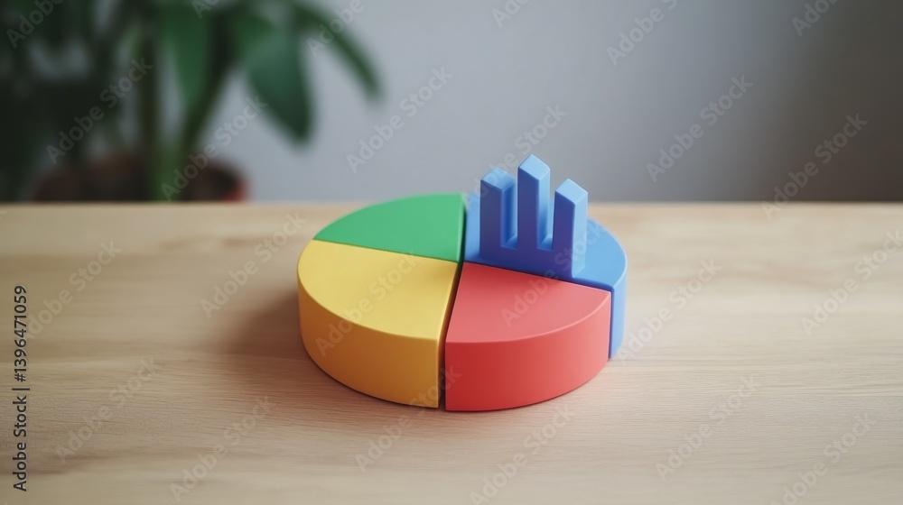 Fototapeta premium Financial pie chart and upward trending graph overlayed on neutral office background