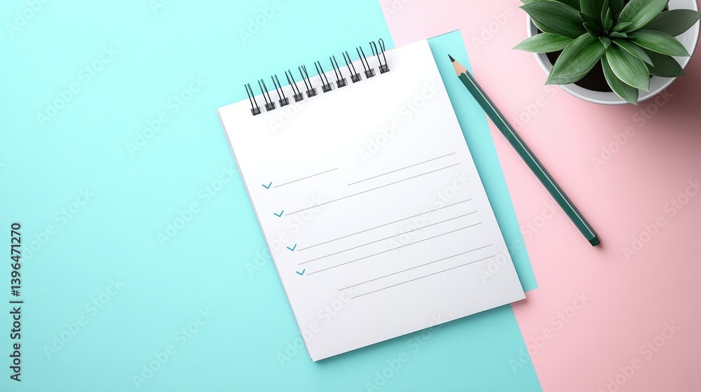 Flat lay with charts, checklist, and business development notes on pastel background