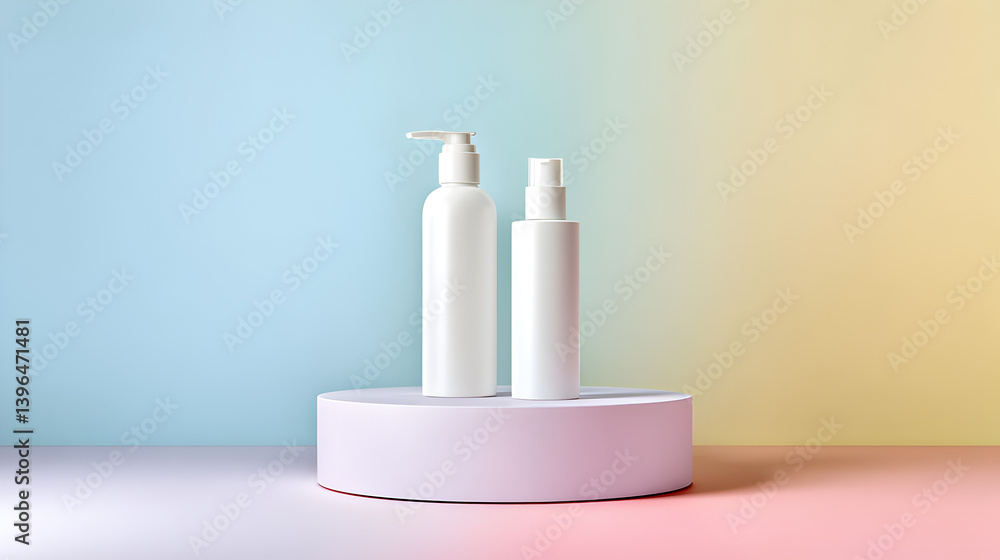 Minimalist display of two elegant white cosmetic bottles on a pastel gradient background showcasing beauty products for a serene and modern aesthetic Minimalist display of two elegant white cosmetic bottles on a pastel gradient background showcasing beauty products for a serene and modern aesthetic