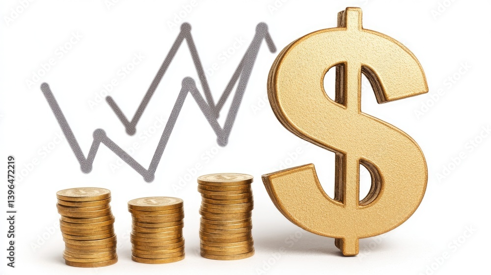 Golden dollar sign standing tall in front of upward trending financial graphs Golden dollar sign standing tall in front of upward trending financial graphs