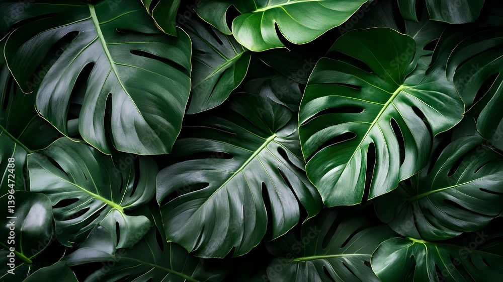Lush Green Tropical Leaves with Monstera Background Texture Lush Green Tropical Leaves with Monstera Background Texture
