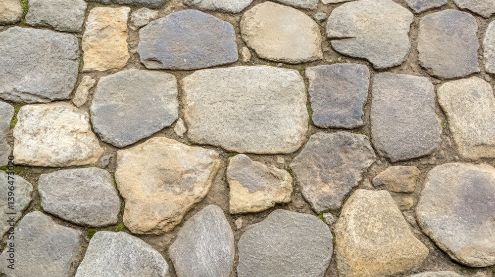 Close Up of an Exterior Stone Wall with Varying Shades of Gray and Tan Rocks and Moss Growing in Between Close Up of an Exterior Stone Wall with Varying Shades of Gray and Tan Rocks and Moss Growing in Between