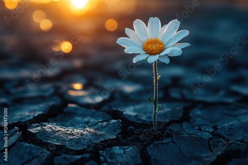 Single flower blooming through cracked earth hope in desolate landscape