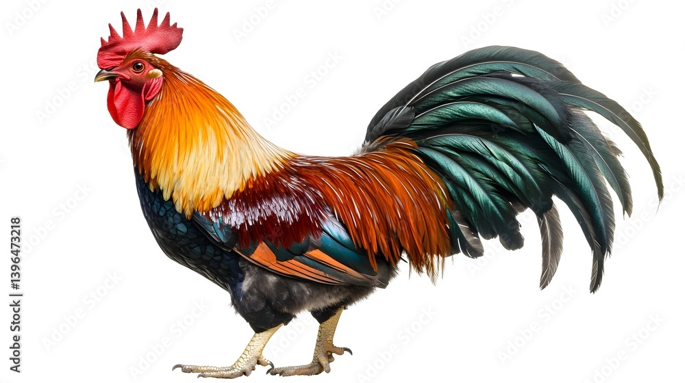 Majestic Vibrant Rooster in Full Body Side View against White Background Majestic Vibrant Rooster in Full Body Side View against White Background
