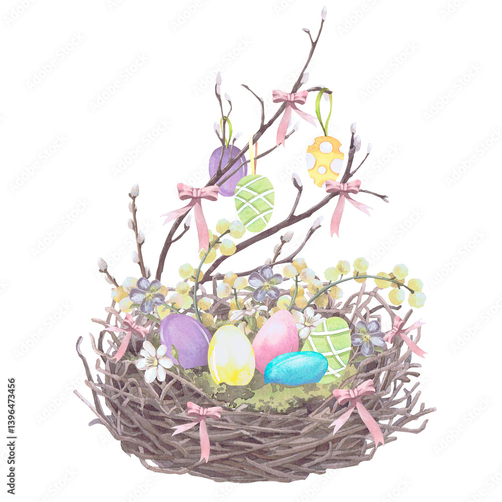 Easter eggs in a wicker nest watercolor illustration isolated on white. The nest with bows, spring flowers and mimosa twigs hand drawn in pastel colors for Easter cards, packaging and festive decor Easter eggs in a wicker nest watercolor illustration isolated on white. The nest with bows, spring flowers and mimosa twigs hand drawn in pastel colors for Easter cards, packaging and festive decor