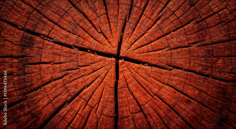 Fototapeta premium Cracked Red Wood Tree Stump Radial Texture Background Close Up