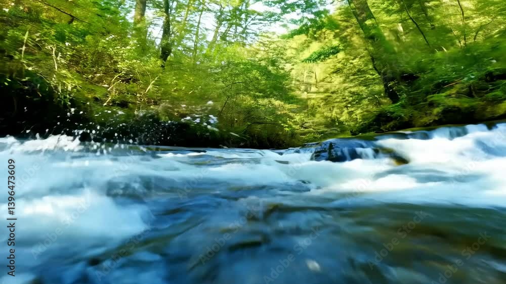 A serene forest scene featuring a flowing river and lush greenery. A serene forest scene featuring a flowing river and lush greenery.