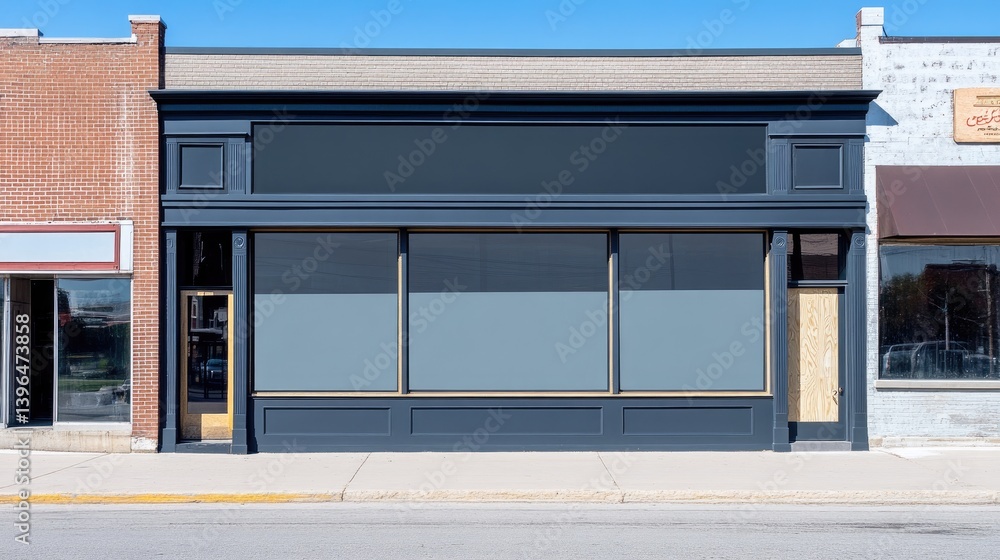 Metallic storefront sign reflecting blue sky and surrounding buildings, ideal for high-end branding Metallic storefront sign reflecting blue sky and surrounding buildings, ideal for high-end branding
