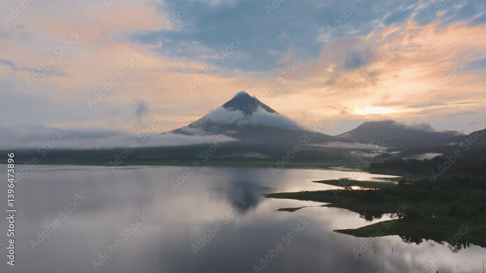 Enjoy stunning aerial views of Laguna de Arenal and Volcan Arenal at sunrise, showcasing lush forests and misty landscapes, a perfect destination for adventurers and nature lovers Enjoy stunning aerial views of Laguna de Arenal and Volcan Arenal at sunrise, showcasing lush forests and misty landscapes, a perfect destination for adventurers and nature lovers
