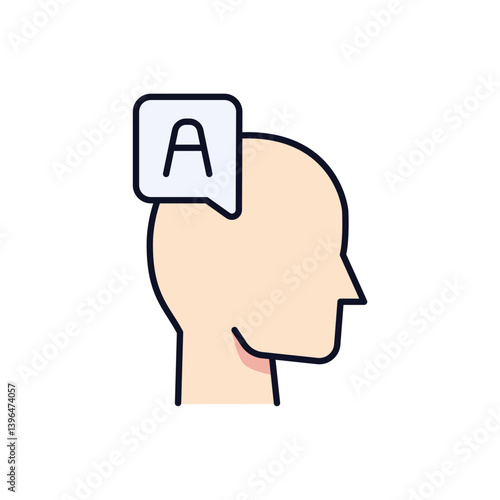 Human head with language symbol vector icon representing communication and translation concept. Useful for linguistics, language learning, speaking skill content, or educational UI design