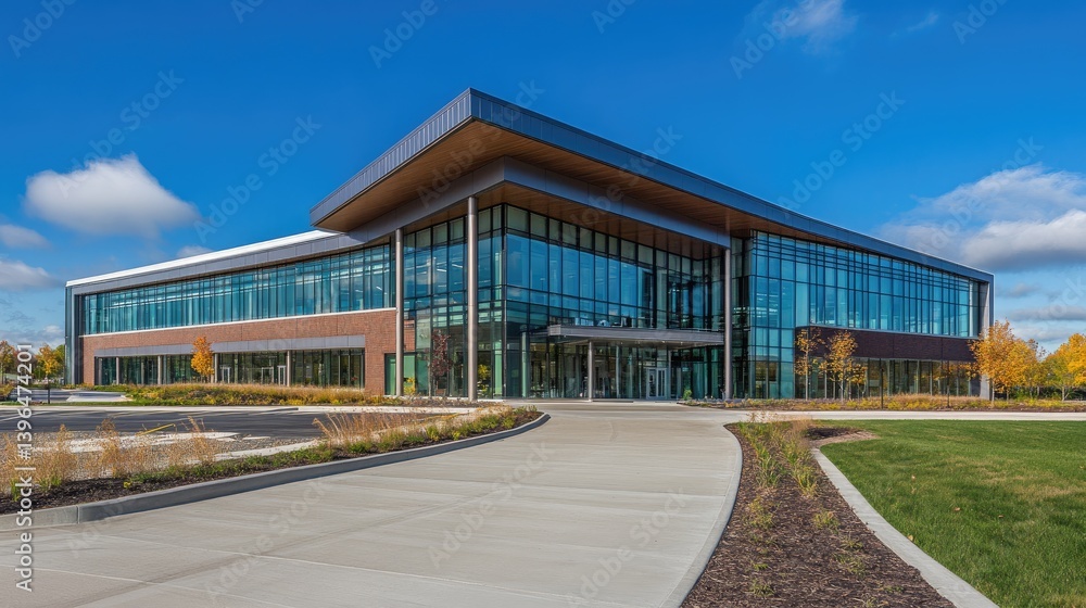 Modern corporate office exterior with glass facade and clean architectural lines under daylight Modern corporate office exterior with glass facade and clean architectural lines under daylight