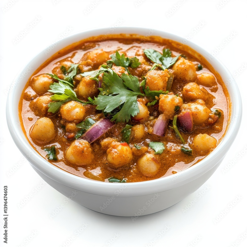 Close up of chickpea curry in a white bowl with cilantro garnish on isoleted on white background Close up of chickpea curry in a white bowl with cilantro garnish on isoleted on white background