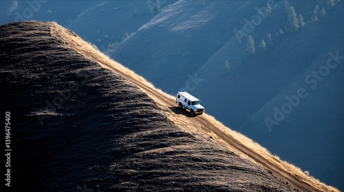Utility Truck Navigating Steep Terrain Mountainous Landscape Action-Packed Image Aerial View Adventure Concept