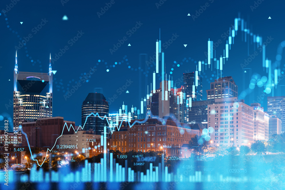 Nashville skyline at night with hologram financial graphs, cityscape photography with a technology concept. Double exposure