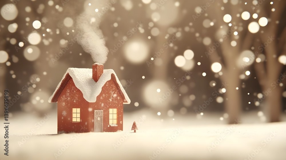 Fototapeta premium Charming Minimalist House with Smoke in a Snowy Winter Scene