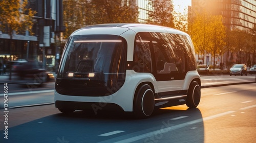 Futuristic Self-Driving Shuttle Glides Through Urban Landscape at Sunset