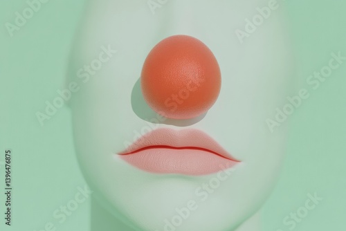 Close-up of a light-green mannequin face with a bright red nose and lips