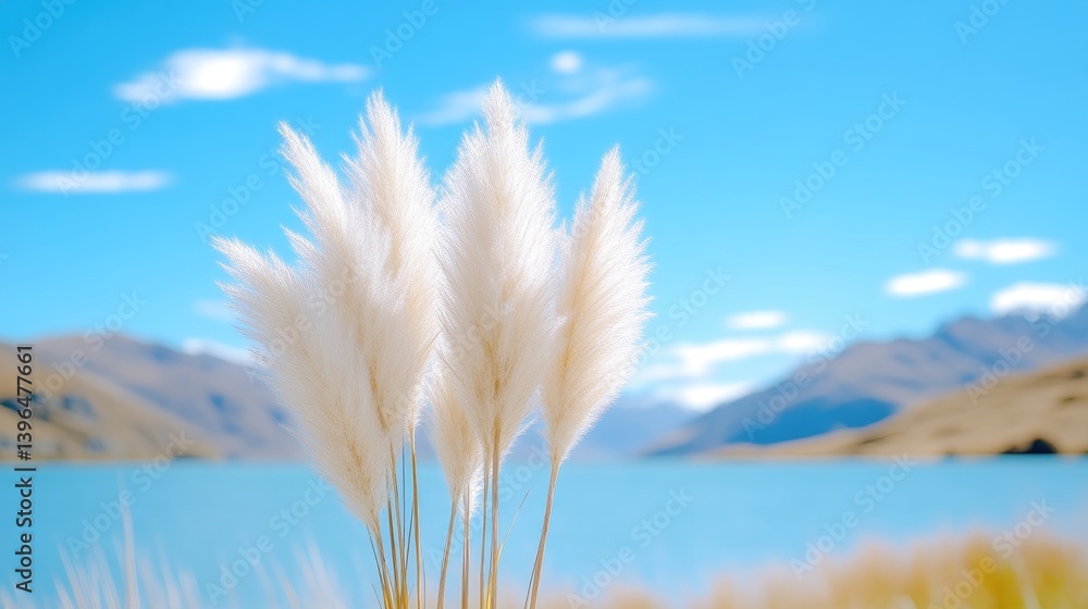 Obraz premium Delicate white pampas grass swaying gently by serene lake, majestic mountains in background, clear blue sky, and natural beauty and tranquility concept.