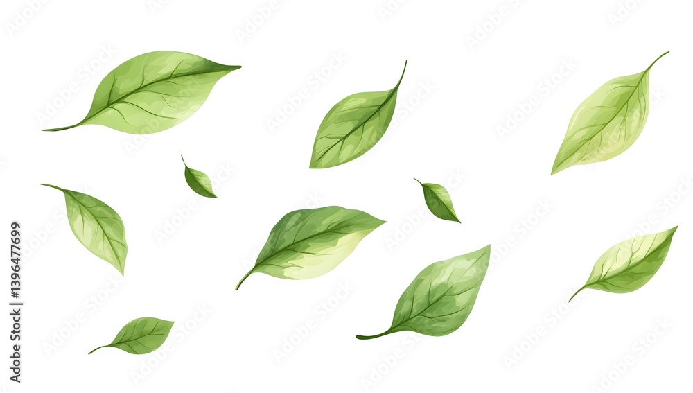 Mint leaves flying in the air on a white background, in a flat lay. Green mint leaves falling down, isolated Mint leaves flying in the air on a white background, in a flat lay. Green mint leaves falling down, isolated