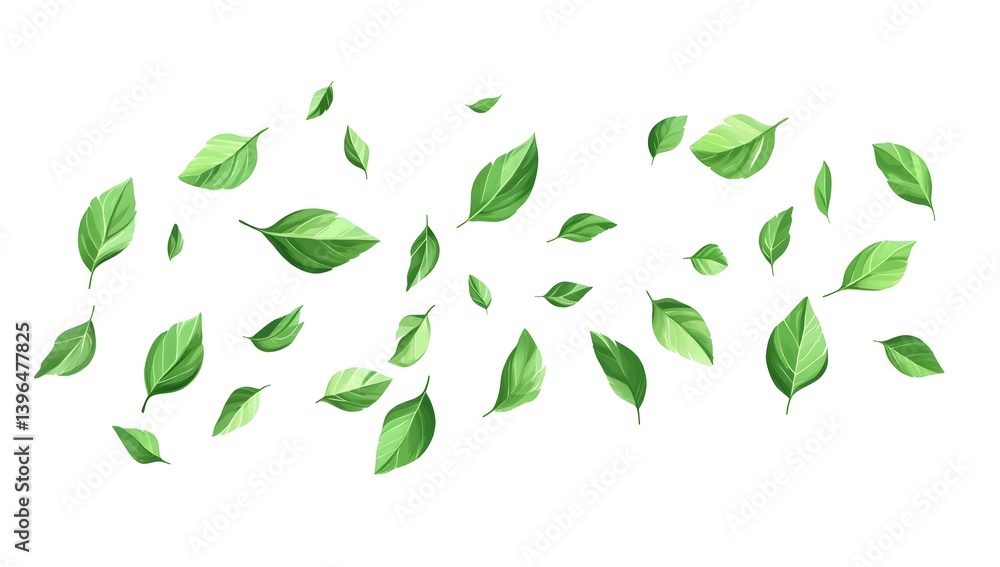Mint leaves flying in the air on a white background, in a flat lay. Green mint leaves falling down, isolated Mint leaves flying in the air on a white background, in a flat lay. Green mint leaves falling down, isolated