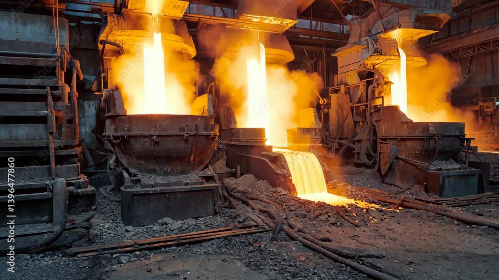 Molten Metal Being Poured in a Foundry: Industrial Smelting and Casting Operation with Hot Liquid Metal and Intense Heat Molten Metal Being Poured in a Foundry: Industrial Smelting and Casting Operation with Hot Liquid Metal and Intense Heat