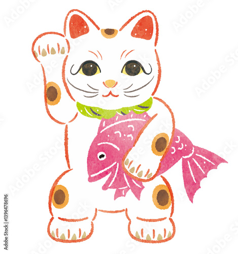 招き猫と鯛の縁起物イラスト（Maneki Neko with Sea Bream, Lucky Charm Illustration）