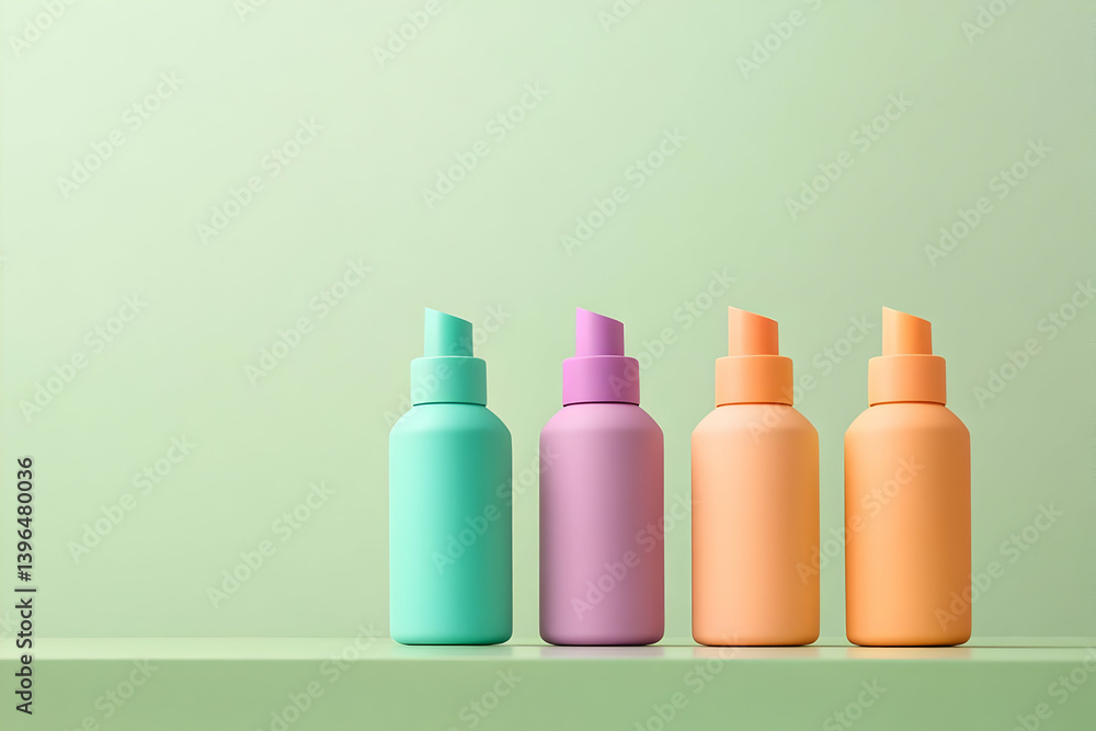 Colorful cosmetic bottles arranged neatly on a soft pastel background, perfect for beauty and skincare product advertisements. Colorful cosmetic bottles arranged neatly on a soft pastel background, perfect for beauty and skincare product advertisements.
