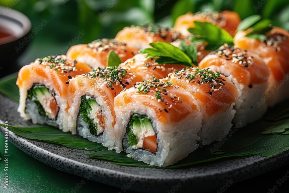 Salmon Sushi Rolls: Delicious seafood cuisine with sesame seeds and fresh greenery Salmon Sushi Rolls: Delicious seafood cuisine with sesame seeds and fresh greenery